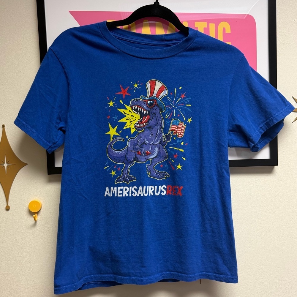 “Amerisaurus Rex” Dinosaur Patriotic Kids T-Shirt – Blue - unisex